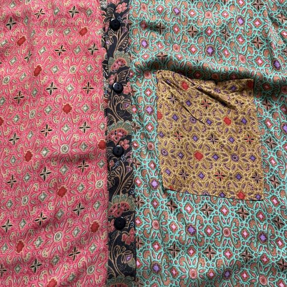 We Be Bop Rayon Button Down Blouse Boho Patchwork Print Long Sleeve Shirt - Picture 5 of 9